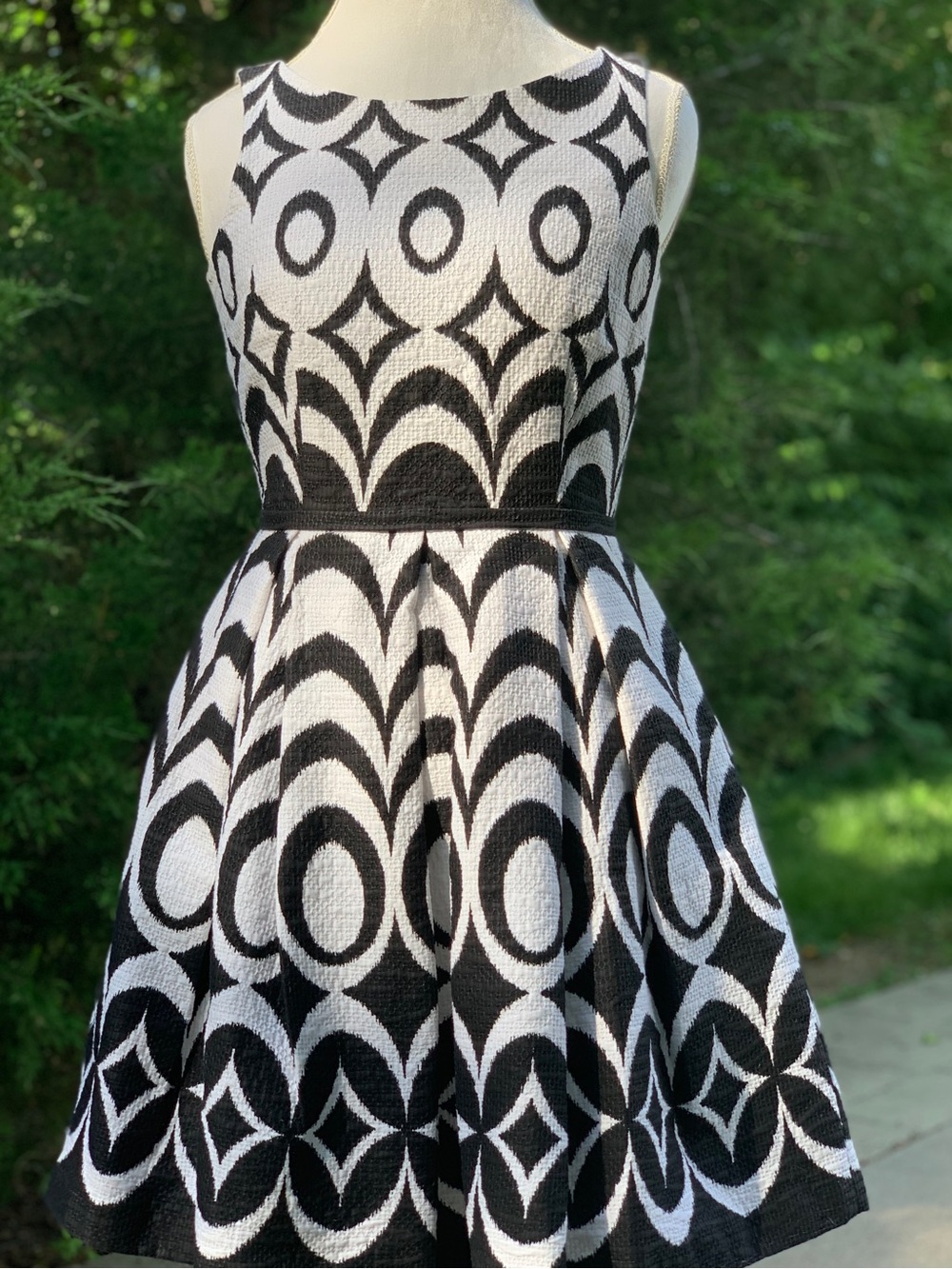 Taylor Black & White Geometric Sleeveless Fit-and-Flare Dress